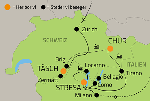 Kort over jeres rejse rundt i Schweiz